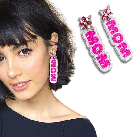 Hot Pink Cool MOM Seed Beaded Crystal Earrings - Picture 1 of 3